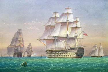 Tre navi di linea di primo rango che entrano nel porto di Portsmouth